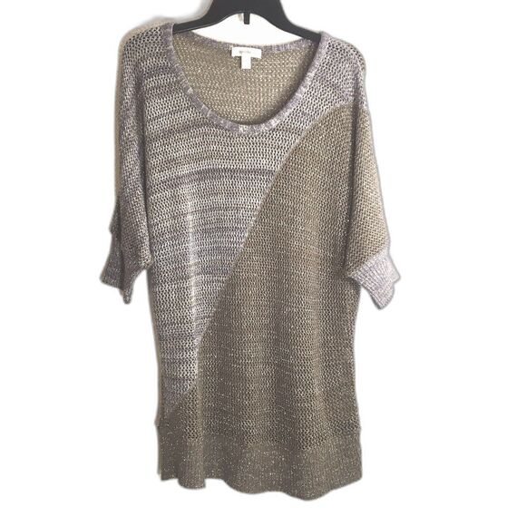 Dressbarn Short Sleeve Cover Up Tan Purple Crochet Open Knit Sweater - Picture 1 of 10